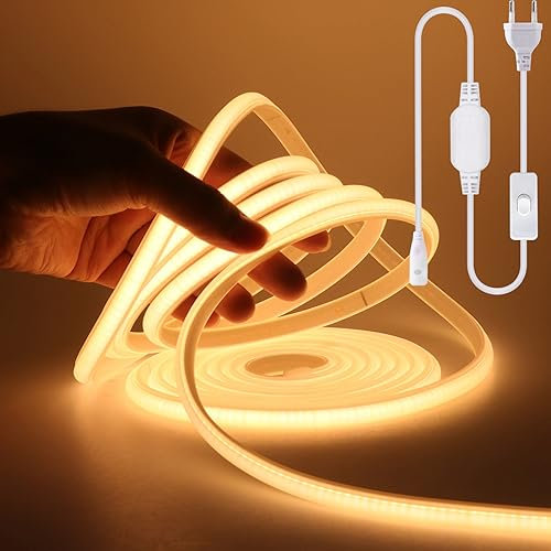 Wisada COB LED Band 2m, 220V 288 LEDs/m Superhell Warmweiss FCOB Neon LED Streifen, Hohe Dichte Flexibler LED Lichtband, Wasserdicht Silikon LED Neonlicht mit Schaltstecker für Architekturbeleuchtung
