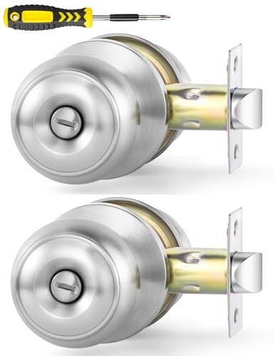 Lanwandeng Lot de 2 boutons de porte intérieure pour chambre à coucher ou salle de bain, sans clé, nickel brossé, serrure de porte ronde pour baignoire/lit