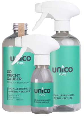 unicopuro® Allesreiniger Starter-Set Sandelholz – 500 ml Konzentrat = 5 L – inkl. 500 ml & 100 ml Sprühflaschen + Soft-Touch Microfasertuch – biologisch abbaubar, Geruchskiller, in 7 Düften