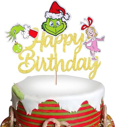 1 Stück Grinsen Happy Birthday Tortendeko Weihnachten Happy Birthday Kuchen Deko Merry Christmas Cake Topper für Grinches Weihnachten Thema Geburtstag Baby Dusche Party Kuchen Dekorationen Gold