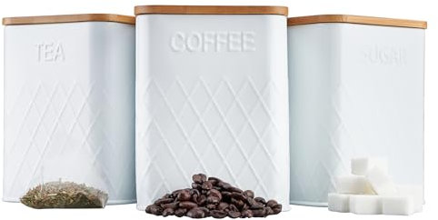 Cooks Professional 3 Piece Tea, Coffee & Sugar Square Cannister Set with Bamboo Lids | Diamond Pattern Labelled Stainless Steel Kitchen Storage Bins Airtight Containers | White