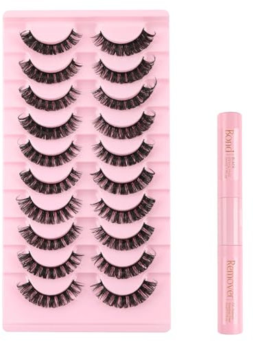 Kiusatig Künstliche Wimpern mit Wimpernkleber Dauerhaft Lash Kleber Entferner Remover D Curl Fake Lashes 10 Paar Falsche Wimpern Natürlich Russian Strip Curly Cat Eye Lashes Fluffy Volumen(SJ23)