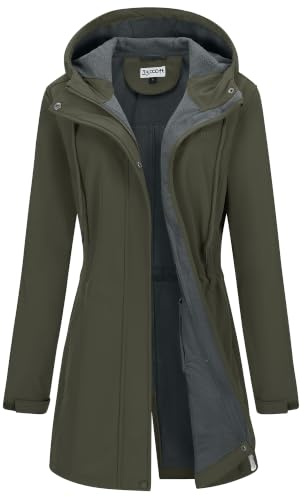 33,000ft Damen Leichte Wasserdichte Softshell Regenjacke Lange Funktionsjacke Übergangsjacke Windjacke Atmungsaktive Regenparka mit Kapuze Regenmantel für Wandern Laufen Sporten