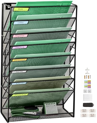 9 Tier Upgrade Mesh Wall File Holder Organizer with Bottom Flat Tray, Medium Mesh Vertical Hanging File Organizer, Office Hanging File Folder Magazine Rack, Nametag Label Hooks Set Included, Black
