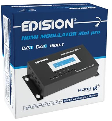EDISION Modulatore HDMI 3in1 Pro, Distribuzione Full HD su Cavo Coassiale, DVB-T, ISDB-T o Cavo DVB-C, HDMI-Loop, RF IN, Display LCD, Installazione Rapida, Plug & Play