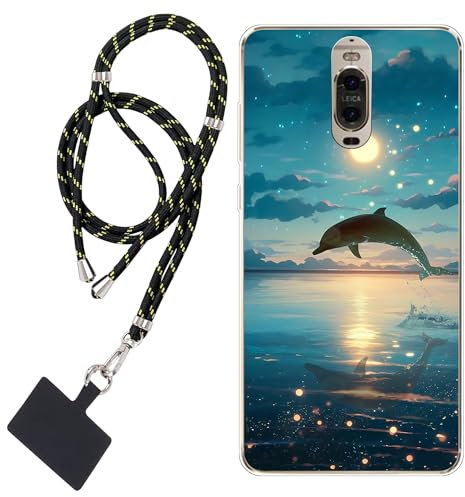 WUACYEAMING Carcasa para Móvil Compatible con Huawei Mate 9 Pro Cover Funda Transparente para móvil con Dibujo TPU Atardecer Delfín1*Cordón para Teléfono Ajustable