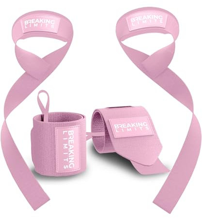 Breaking Limits Zughilfen & Handgelenkbandagen für Krafttraining, Gewichtheben, Bodybuilding, Fitness, Powerlifting - Lifting Straps & Wrist Wraps (Rosa)