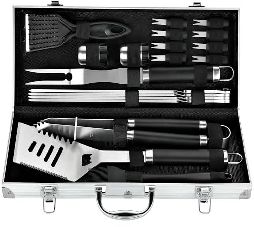 Romanticist 20pcs Heavy Duty BBQ Grill Tool Set in Case - The Very Best Grill Gift for Father's Day and Christmas - Professional BBQ Accessories Set for Outdoor Cooking Camping Grillen Smoking, Black