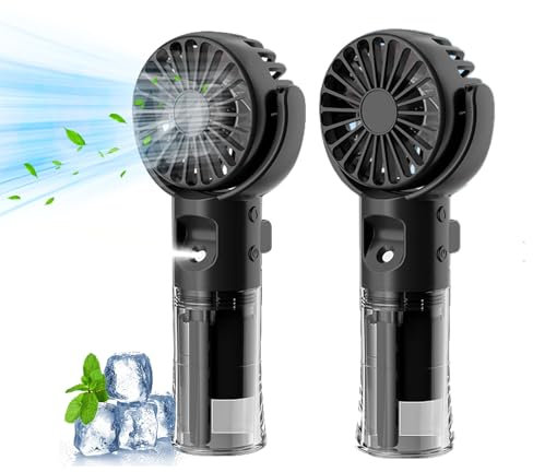 Handventilator Mit Wasser | Tragbarer Handventilator USB Wiederaufladbar | Hand Fan Mit 4 Geschwindigkeiten | 800 MAh Powerbank Batteriebetrieben Max 12 Hrs Runtime Taschenventilator (Schwarz*2)