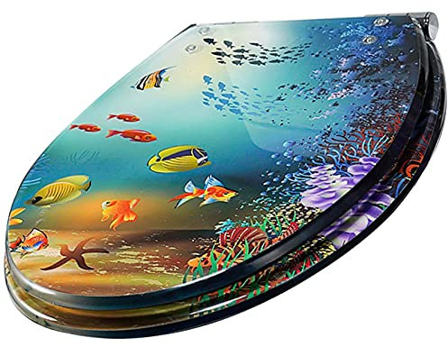 QXWDTW Toilet seat, Environmentally Friendly Resin with Stainless Steel Adjustable Hinge, Oval Quick Release Toilet Lid, Multiple Colors Available(The Underwater World)