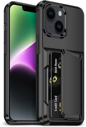 Aolcev for iPhone 14 Case with Card Holder [Max 4 Cards] Heavy Duty Protective Shockproof Cases Dual Layer Hard PC Soft TPU Bumper Hidden Card Slot Wallet Case Cover for Phone Case iPhone 14-Black