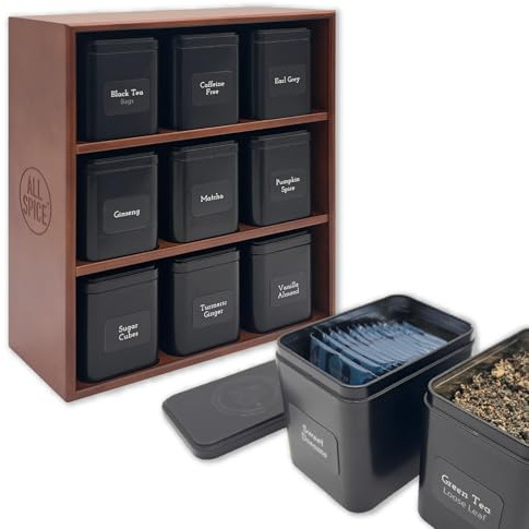 AllSpice Tee-Organizer-Regal mit 9 Dosen und 160 magnetischen Etiketten – perfekt für die Organisation von Tee in Beuteln und losen Blättern – Walnuss
