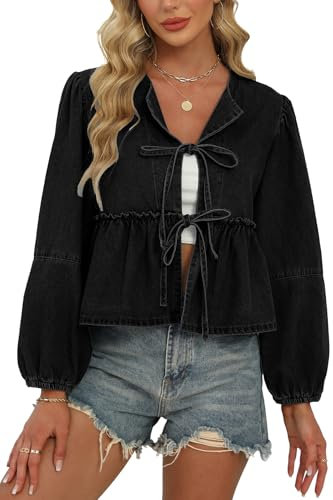 D-Sun Women V-Neck Tie Front Denim Shirt Peplum Babydoll Jean Blouse Long Puff Sleeves Y2K Cropped Bow Open Front Top Jacket, Black, M