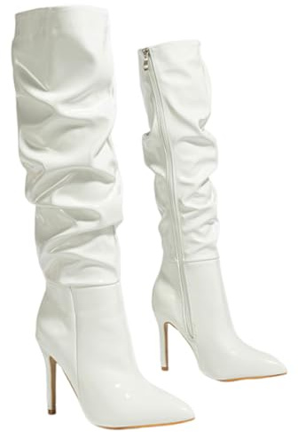 Stivali Alti Fino al Ginocchio in Pelle Verniciata da Donna, Stivali Lunghi con Tacco a Spillo Rosso Sexy a Punta, Stivali con Tacco alla Moda con Cerniera Laterale,Bianca,35.5 EU