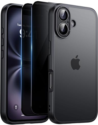 HeIssitot Matt Handyhülle für iPhone 16 Hülle und 2 Stück Sichtschutz Schutzfolie, [Kameraschutz] [Militärstandard] Durchscheinende PC Rückseite TPU Bumper Schutzhülle für iPhone 16, Schwarz