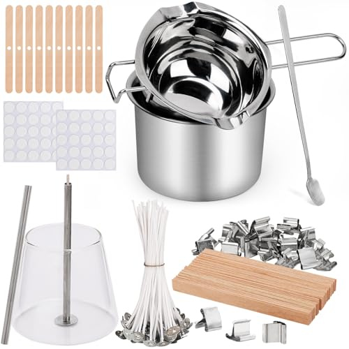 Blingfun Double Boiler Pot Set, Stainless Steel Melting Pot with Candle Wicks, Stickers,Wick Holders,Wick Placing Tube for Soap, Wax, Candle Making