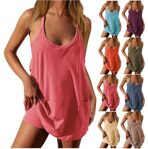 Strampler-Kleid für Damen, mit Shorts, Jumpsuits für Damen, elegantes Stramplerkleid, Übergröße, Strapsanzug, Spielanzug, Größe 46, Jumpsuits mit Taschen, Sommer-Outfits, RD2, L