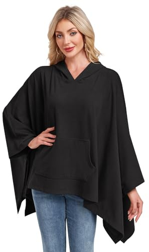 WOWENY Damen Poncho mit Kapuze Hoodies Für Damen Thermo Winter Herbst Cape Umhang Schal Warm Umhängetuch Elegant Kapuzencape,Schwarz,OneSize