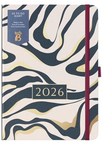 Busy B 2026 Diary - A5 Weekly Planner with To-Do Lists & Notes Pages – Work, School, Office Fabric Charcoal Marble Journal - Week-to-View Layout, 3 Pockets & Year Planner