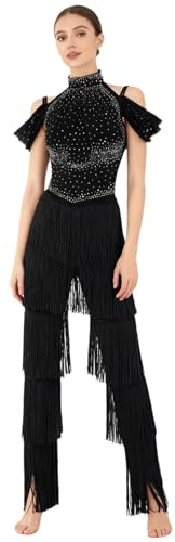 inlzdz Damen Latein Tanz Overall Einteiler Jumpsuit Off Shoulder Tanzanzug mit Glitzer Fransen Swing Samba Cha Cha Ballroom Wettbewerb Outfit