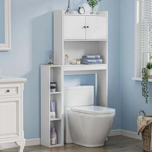 Skokliz Over The Toilet Storage unit, Freestanding Bathroom storage cabinet with Adjustable Shelf, Farmhouse Space-Saving Toilet Rack for Small Space, White