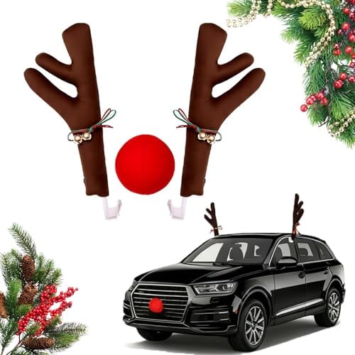 Walenbily Weihnachtsdeko Auto, 1 Set Plüsch Rentier mit Glöckchen, Rote Nase, Robuste Auto Dekoration mit Verstärkten Klemmen, Festliche Weihnachtsdeko für alle Fahrzeuge, Perfektes