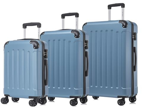 YONSLY Premium Reisekoffer TSA-Schloss,YKK-Reißverschluss Hartschalen-Koffer Trolley Kabinenkoffer Rollkoffer Suitcase Handgepäck 4 Rollen (Grau Blau, M-L-XL-Set)