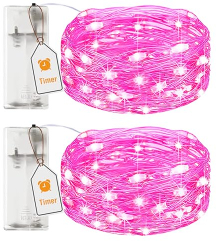 btfarm 2 Pack Fairy Lights Battery Operated with Timer, 2M 20LED Mini Sliver Wire String Lights Waterproof, Small Battery Powered Christmas Lights for Indoor Bedroom Party Jar, Pink