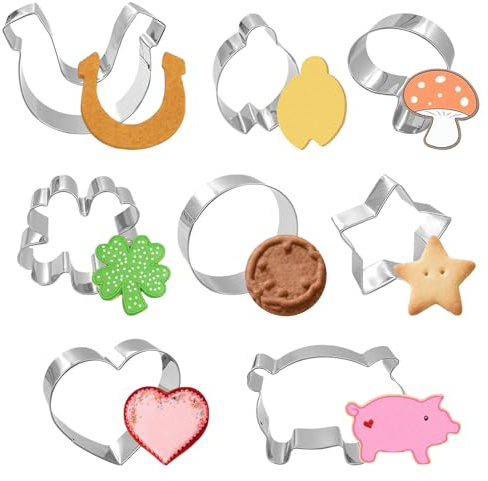 Lets Joy Ausstechformen Schwein Set, 8er Keksausstecher Silvester, Plätzchen Viel Glück - Kleeblatt, Glücksschwein, Hufeisen, Pilz, Herz, Ausstecher Kuchendeko Partyzubehör Cookie Niedliche Geschenke