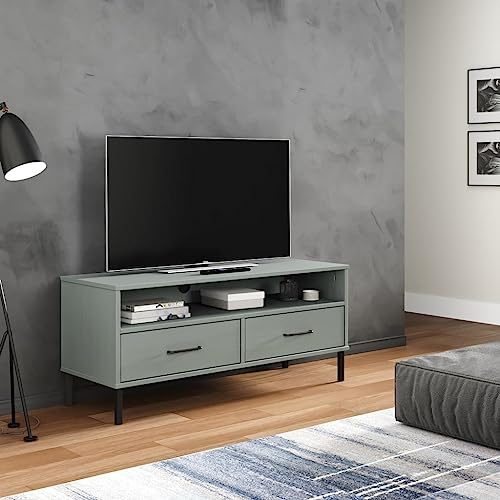 Tomostar Meuble TV, Banc TV Support Télé Armoire de Télévision avec Pieds en métal Gris 106 x 40 x 46,5 cm Bois de pin Massif Oslo