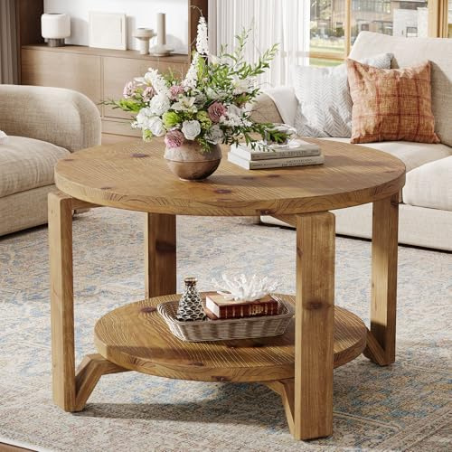 Tribesigns Massivholz Runder Couchtisch, 80 cm Couchtisch mit Zwei Ablageflächen für das Wohnzimmer und kleine Räume, mit Geriffeltem Trommelfuß und Stauraumnische, Walnuss