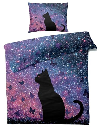 Generisch Katzen Schmetterling Bettwäsche 135x200 2er Set Mit Blau Lila Himmel Sterne Muster, Bettbezug Set Bügelfreie Bettwäsche Mit Reißverschluss, Kissenbezug, Katzen Schmetterling Deko