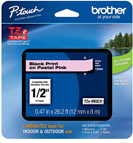 Brother Original P-Touch TZeMQE31 Klebeband, 1,2 cm breit, Standard-Laminierband, schwarz auf Pastellrosa, laminiert für den Innen- und Außenbereich, wasserabweisend, 12 mm x 8 m, TZEMQE31