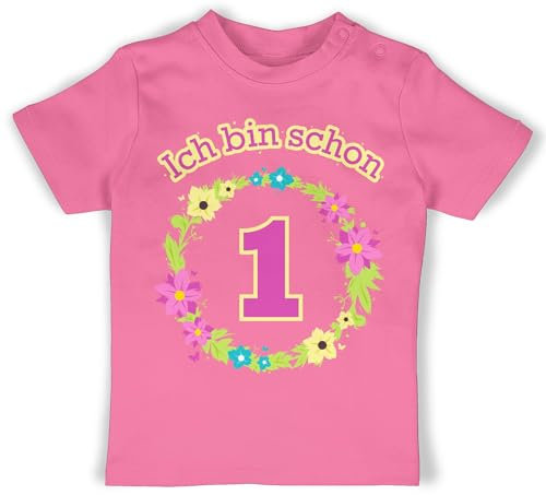 Baby T-Shirt Mädchen Jungen - 1. Geburtstag - Ich Bin Schon eins Blumenkranz - 18/24 Monate - Pink - geburtstagsshirt 1 1st Birthday Boy Outfit einjährige one Year Shirt Geburtstags Jahr