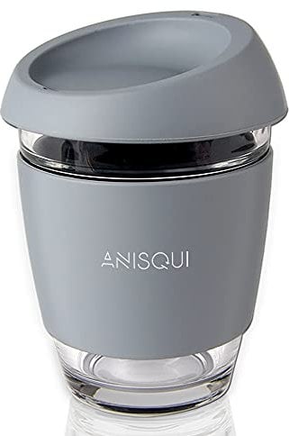 AniSqui Glass Travel Mug, 12oz 350ml Portable Coffee Cup with Lid (Grey)