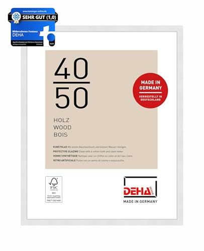 DEHA Design Bilderrahmen, 40 x 50 cm, Holz, Weiß, Posterrahmen zum Aufhängen im Hoch- & Querformat, bruchsicheres Kunstglas, Fontana