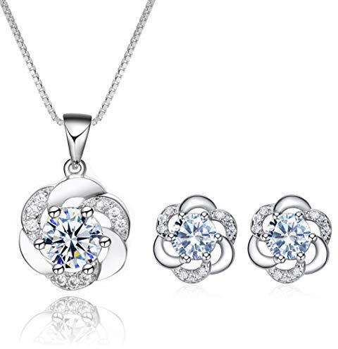 Josfeva Jewellery Sets for Women Girls, 925 Sterling Silver Pendant Necklace & Stud Earrings Sets with White Cubic Zirconia, Flower Jewellery Set Gifts for Birthday Christmas Graduation Valentines