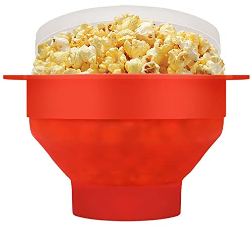 Flexzion Mikrowellen-Popcorn-Maker mit Deckel, faltbare Silikonschale, Lebensmittelqualität, Sicherheits-Aufbewahrungsbehälter für Partys, Kinder & Erwachsene, Zuhause & Küche, Film, Camping, Rot