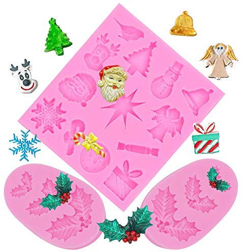 SUNSK Moldes de Pastel de Silicona Fondant 3D Molde de Navidad Hojas de Acebo Moldes Árbol de Navidad Molde para Tartas Caramelos Chocolate Jabón Moldes 3 piezas