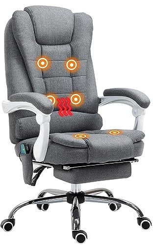 Vinsetto Office Chair with 6 Point Massage and Back Heat, Linen Desk Chair with Footrest Adjustable Height and Swivel Wheels, Back Reclining, Grey