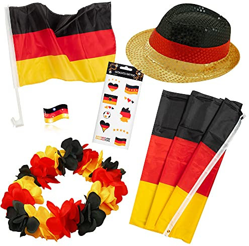 Fan-Set Deutschland – Best of Fanartikel Germany - Deutschland Flagge Fahne, Autofahnen, Sonnenhut, Hawaii Kette, Blinky, Gesichtstattoo Deutschlandset Mehrfarbig