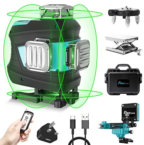 DECTEAM 4D Laser Level Green Self-Leveling, 4x360° 16 Lines Cross Horizontal & Vertical Laser Spirit Level, Remote Control, Li-ion Battery with Type-C Charging, Adjustable Rotating Base, Lifting Base
