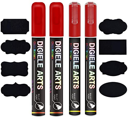 DIGIELE Kreidestift Rot, 2 Rot Kreidestifte 3mm + 2 Rot Kreidemarker 6mm + 16 Tafel Labels, Reversibel Stiftspitze, Trocken oder Feucht Abwischbare Flüssigkreide für Whiteboard, Tafel, Fenster & Glas