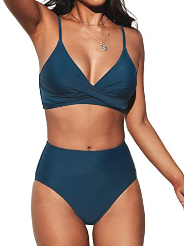 CUPSHE Women's Twist Front High Waisted Bikini Set V Neck Padded Two Pieces Bathing Suits Swimsuits Dark Blue M
