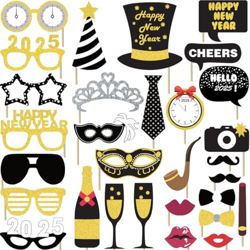Silvester Deko – 30 Fotorequisiten für Neujahr Silvesterdeko, Dekoration Set mit Photo Booth Props Fotoaccessoires Silvesterparty