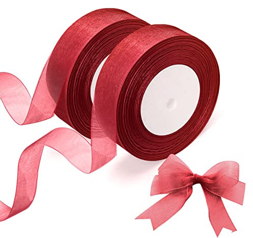 OWill 2 Rolls Ruban Noel,ruban cadeau emballage rouge,20 mm x 90 m,Ruban cadeau emballage noel,ruban rouge noel pour emballage cadeau,sapin de noël,couronne de noel porte,décorations de noël