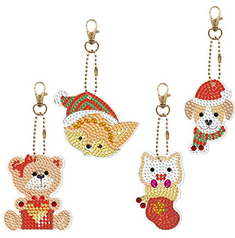 LUSandy Lot de 4 porte-clés 5D à faire soi-même - Motif animaux de Noël - Forme spéciale ours renard chien diamant art porte-clés pour sac à dos sac à bandoulière - Accessoires pour adultes et enfants