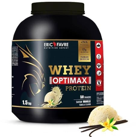 WHEY OPTIMAX PROTEIN +74 Protéines Bi-sources: WPC + Protéine Brevetée, 17g BCAA, 11g Glutamine, Peu Sucrée et Onctueuse｜Idéal pour la Prise de Masse Musculaire｜ Vanille 1,5kg - Eric Favre