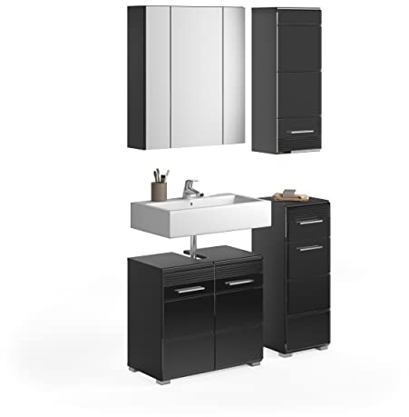xonox.home Badezimmer Linus 4tlg. Kombination Badmöbel Set kleine Bäder Komplettprogramm Bademöbel-Set in Front schwarz Hochglanz Tiefzieh, Korpus schwarz Nb.