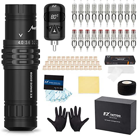 EZ Tattoo Maschinen Set - Tattoo Set mit 6 Hübe 2.5mm-4.0mm Rotations Tätowier maschine, 1100mAh Akku Stromversorgung, 20 Stück Tattoo Nadeln für Tattoo Anfänger und Künstler (Schwarz)